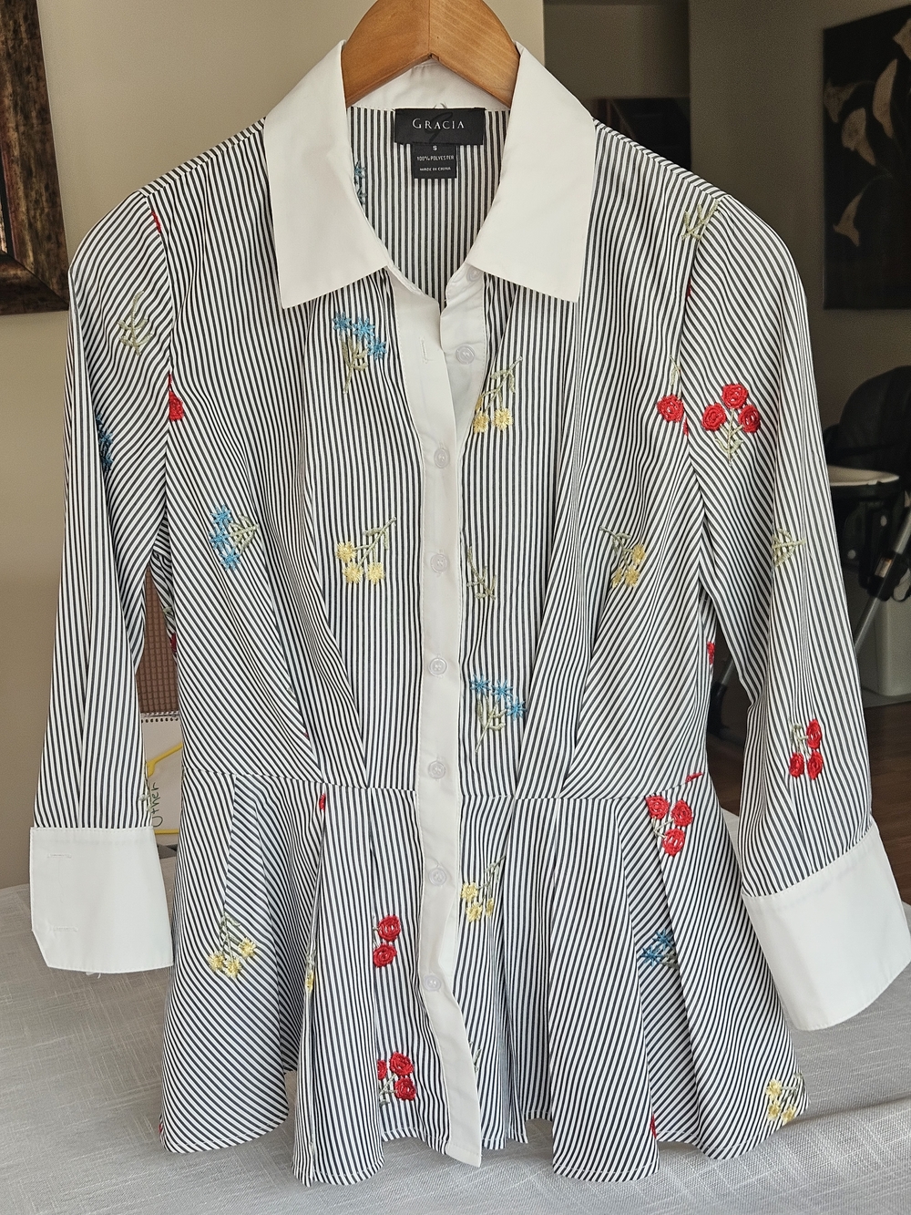 Gracia Black & White Striped Button-Front Blouse with Blue Floral Embroidery